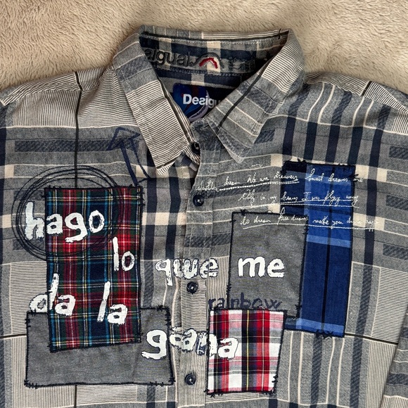 Desigual Rainbow Grey Plaid Patchwork Button-Down Shirt Graffiti Accents sz XL - Picture 3 of 13